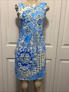 Jude Connally Blue, Yellow and White Floral Print Dress